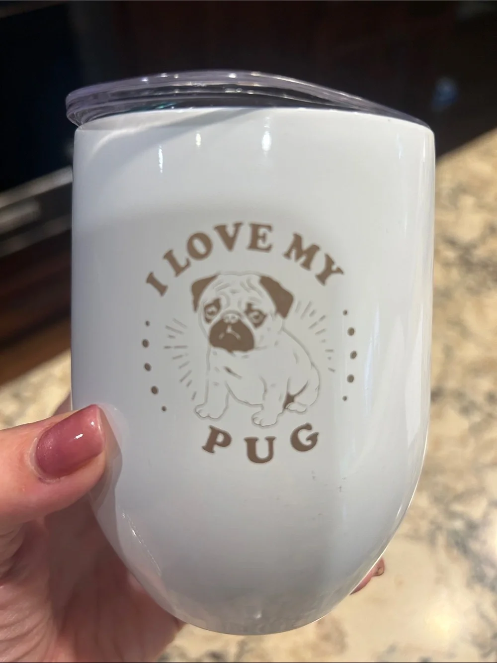 White Stainless Steel Pug Tumbler with Gold Design